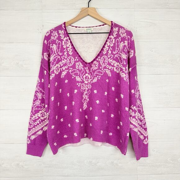 Sundance V-Neck Pullover Sweater Size L Petite Pink Boho Chic Paisley Floral - Picture 14 of 14